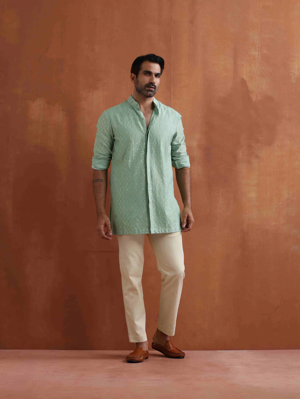 Men's Green Cotton Dobby Front Open Short Kurta