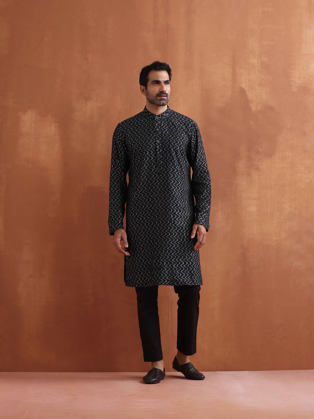 Men's Black Cotton Dobby Kurta