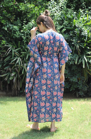 Midnight Blue Hand Block Printed Cotton Ankle Length Kaftan