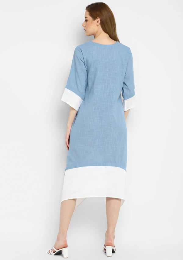 Smoke Blue And White Layered Side Tail Cotton Dress