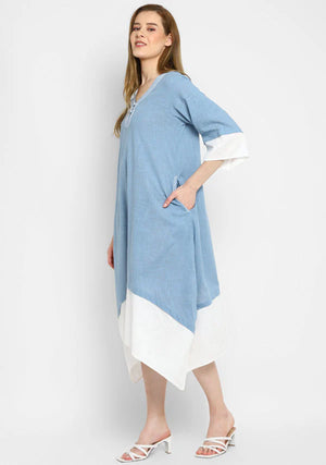 Smoke Blue And White Layered Side Tail Cotton Dress