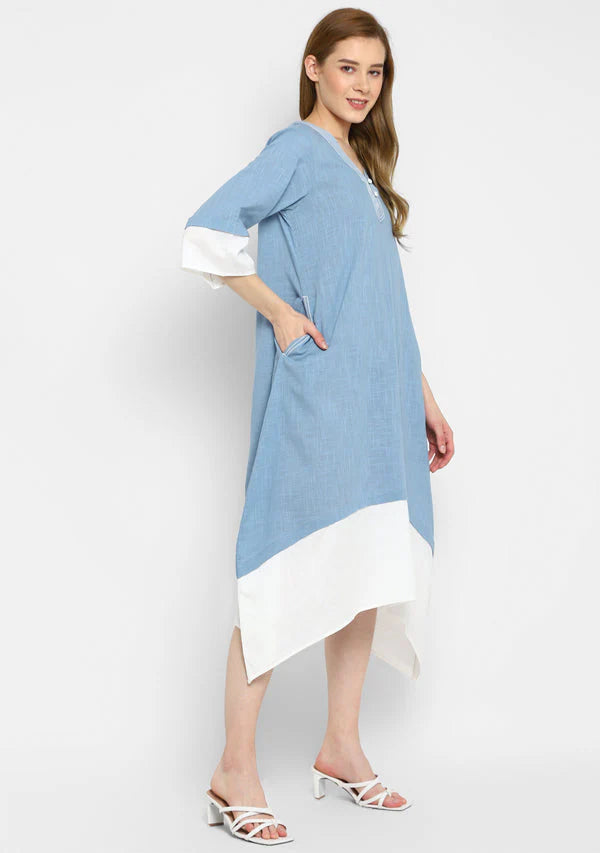 Smoke Blue And White Layered Side Tail Cotton Dress