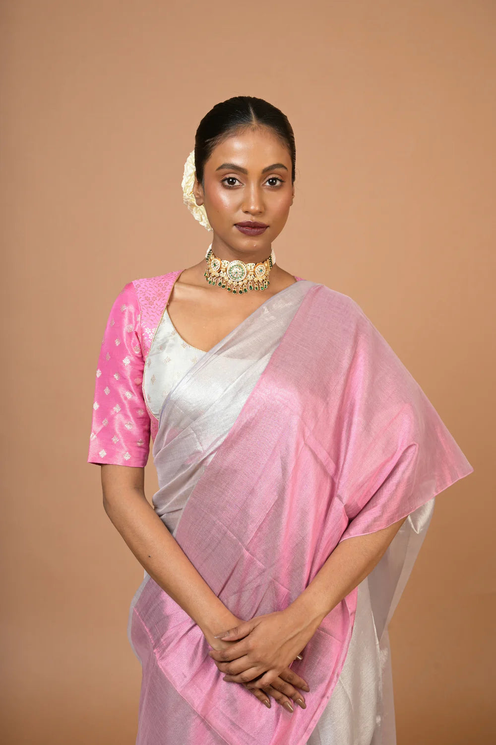 Sugandha I Silver and Pink Handloom Tissue Saree