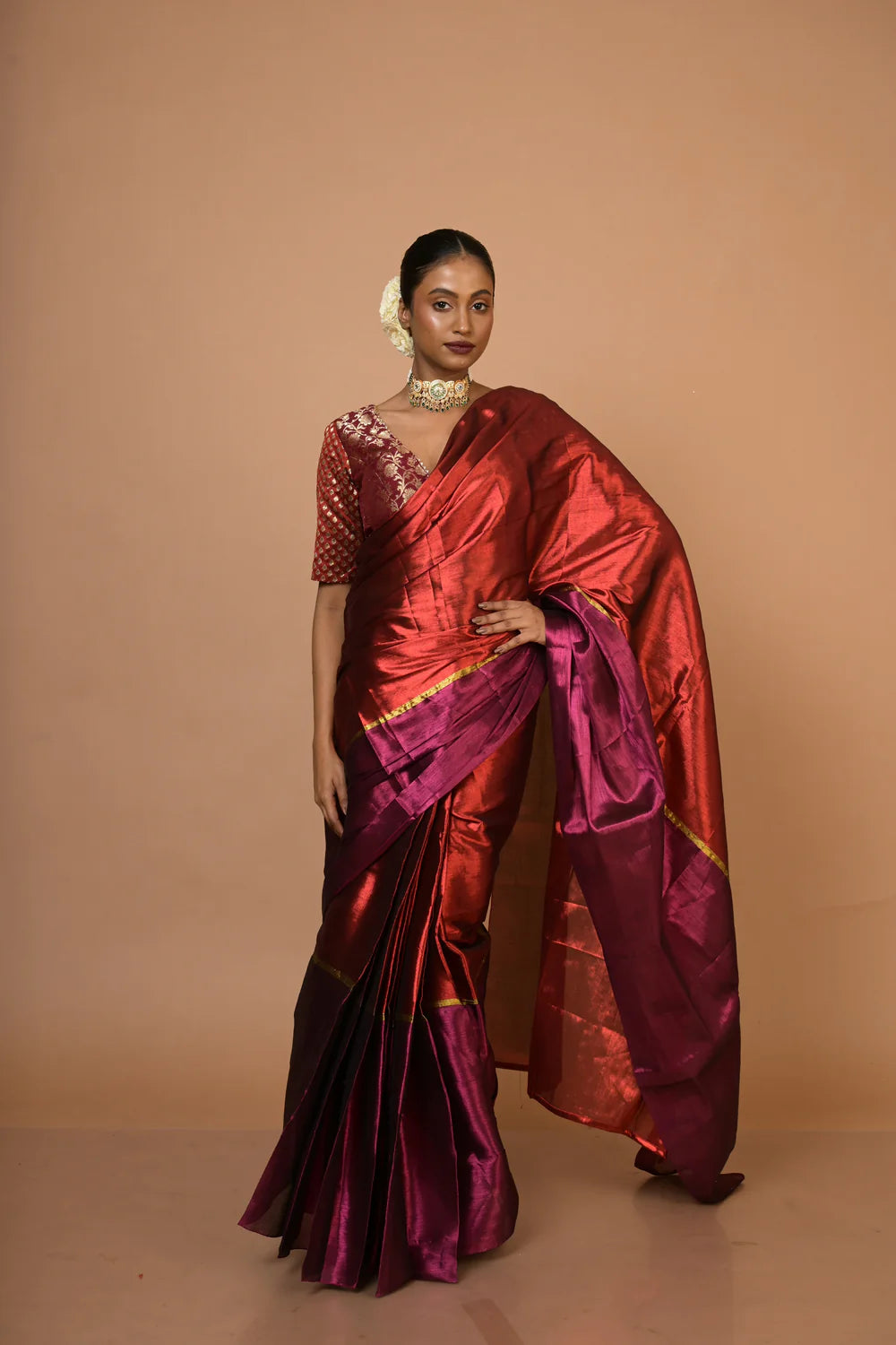 Navya I Red and Purple Handloom Tissue Saree