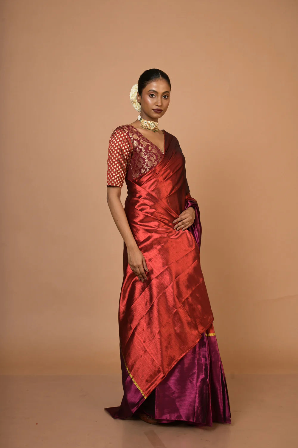 Navya I Red and Purple Handloom Tissue Saree