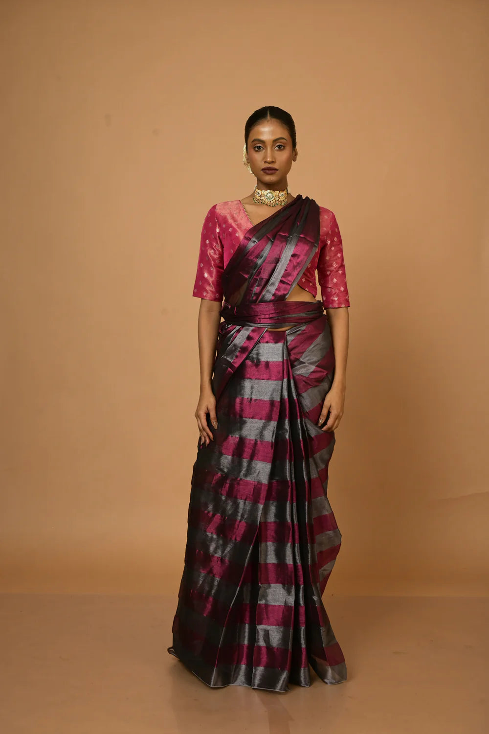 Abhilasha I Silver and Purple Striped Handloom Tissue Saree