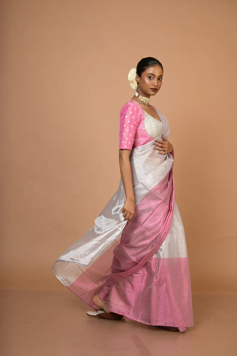 Sugandha I Silver and Pink Handloom Tissue Saree