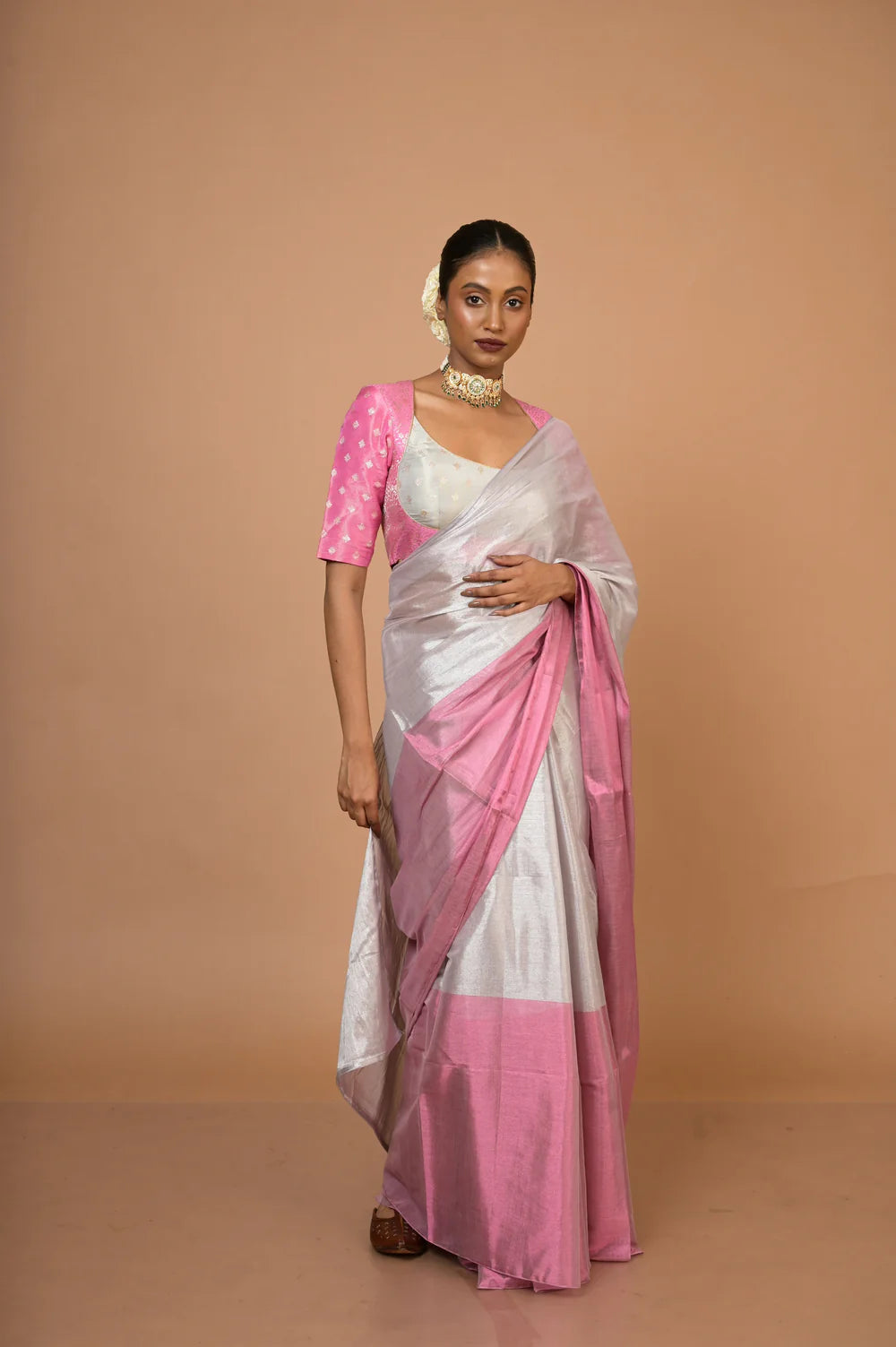 Sugandha I Silver and Pink Handloom Tissue Saree