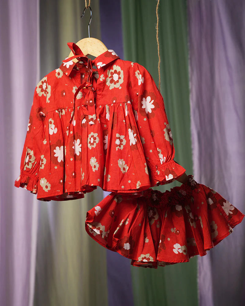 ‘Poppy patch’ girls coord set in red floral print cotton