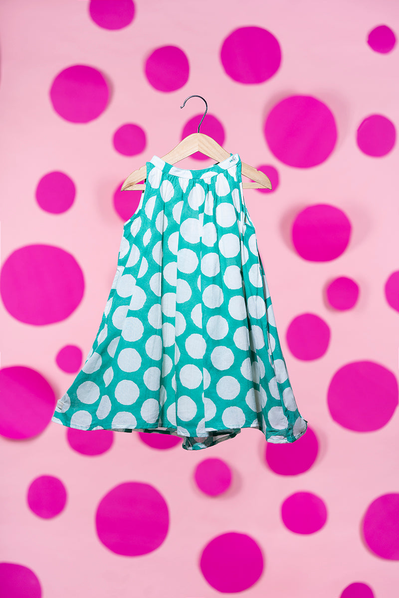 Set of 2 - ‘Kin’ Halter neck dress in teal hand block print polka and lime green cotton pajamas