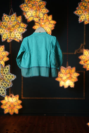 Dahlia girls ethnic kedia jacket/ top in teal handwoven cotton silk