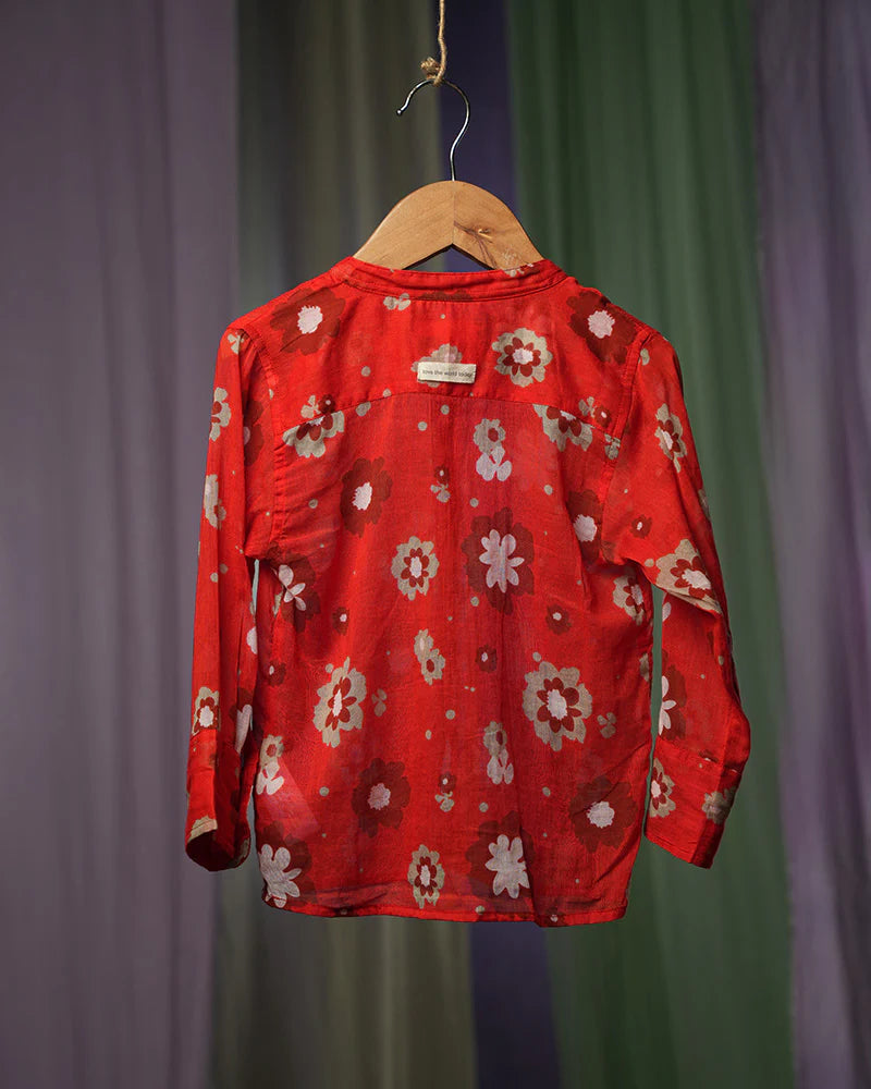 ‘Poppy patch’ mandarin collar malmal cotton unisex full sleeve shirt in red floral print