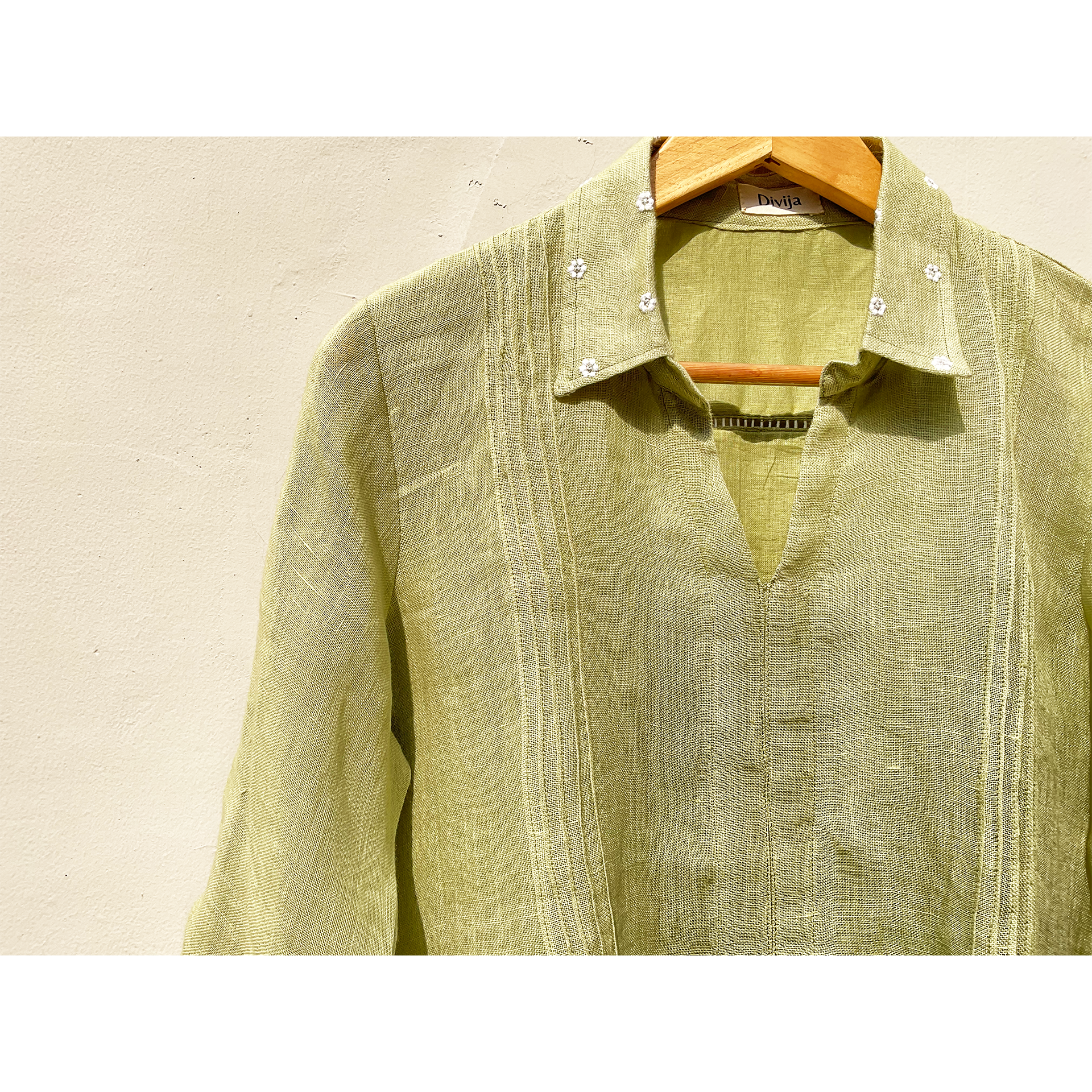 Green Linen Embroidered Shirt