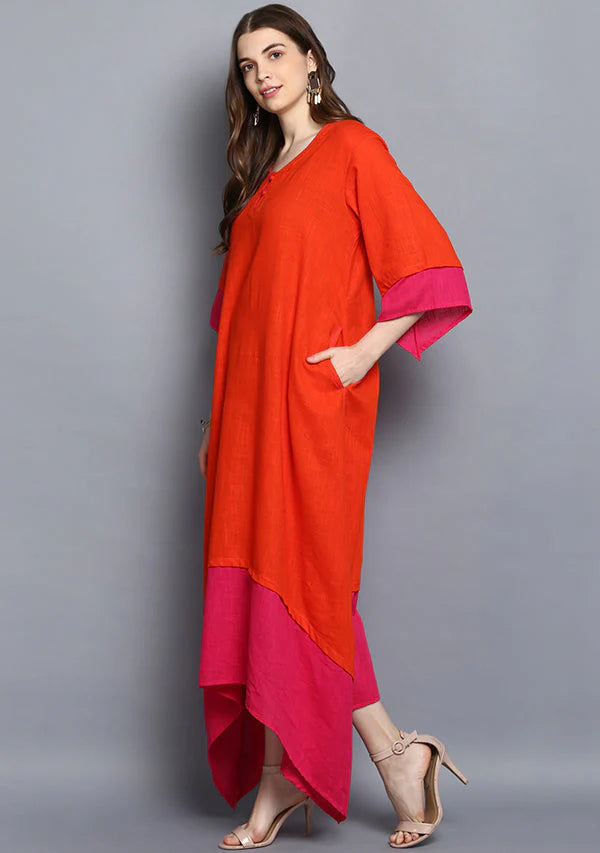 Orange and Fuschia Layered Side Tail Cotton Dress