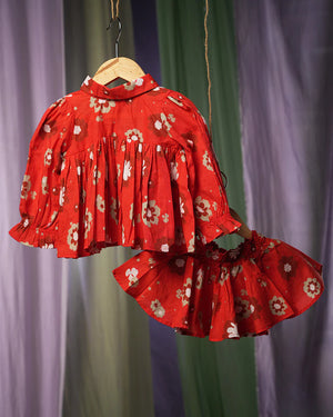 ‘Poppy patch’ girls coord set in red floral print cotton