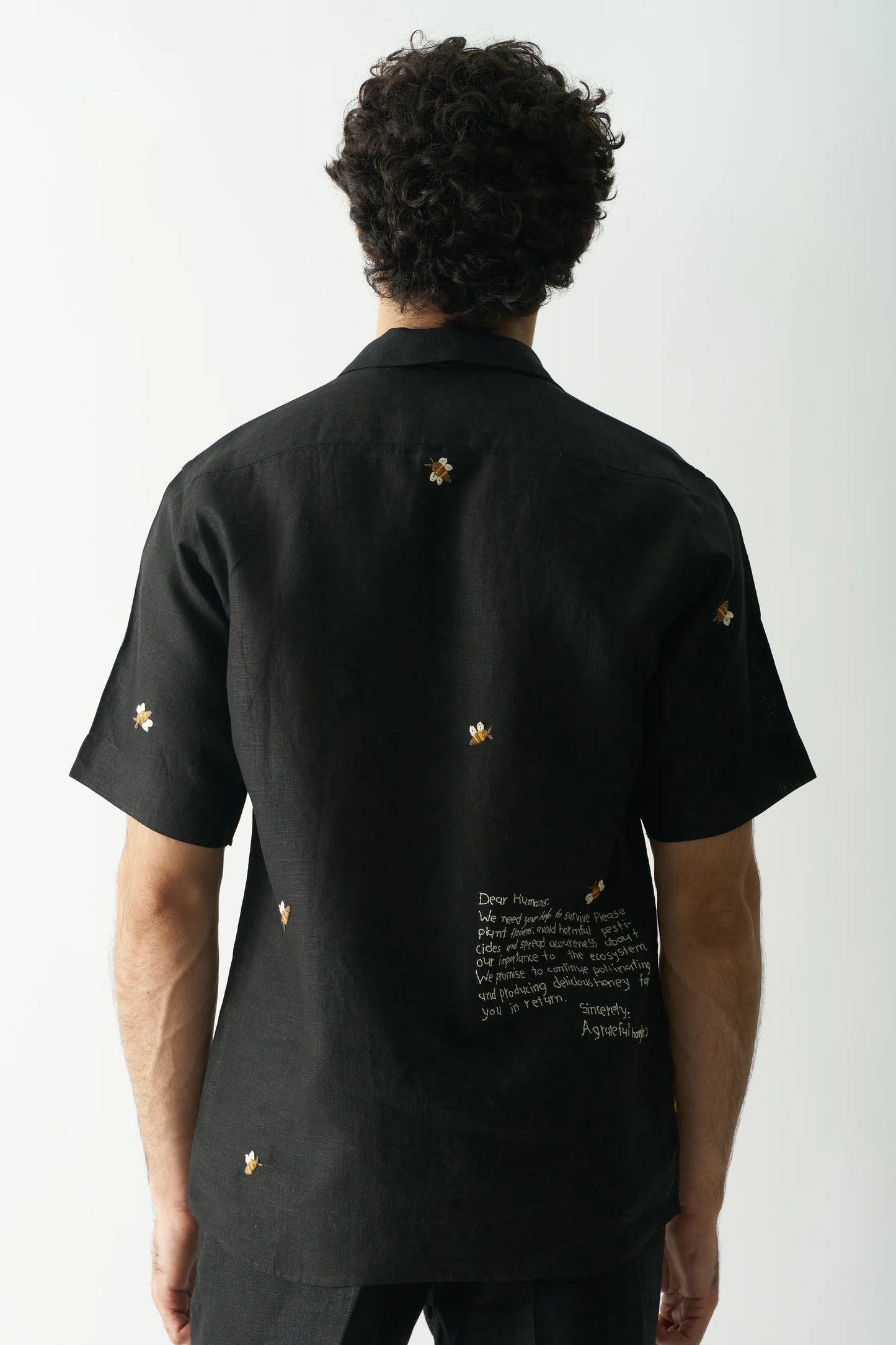 BUZZING BEES - HAND EMBROIDERED UNISEX PURE LINEN SHIRT