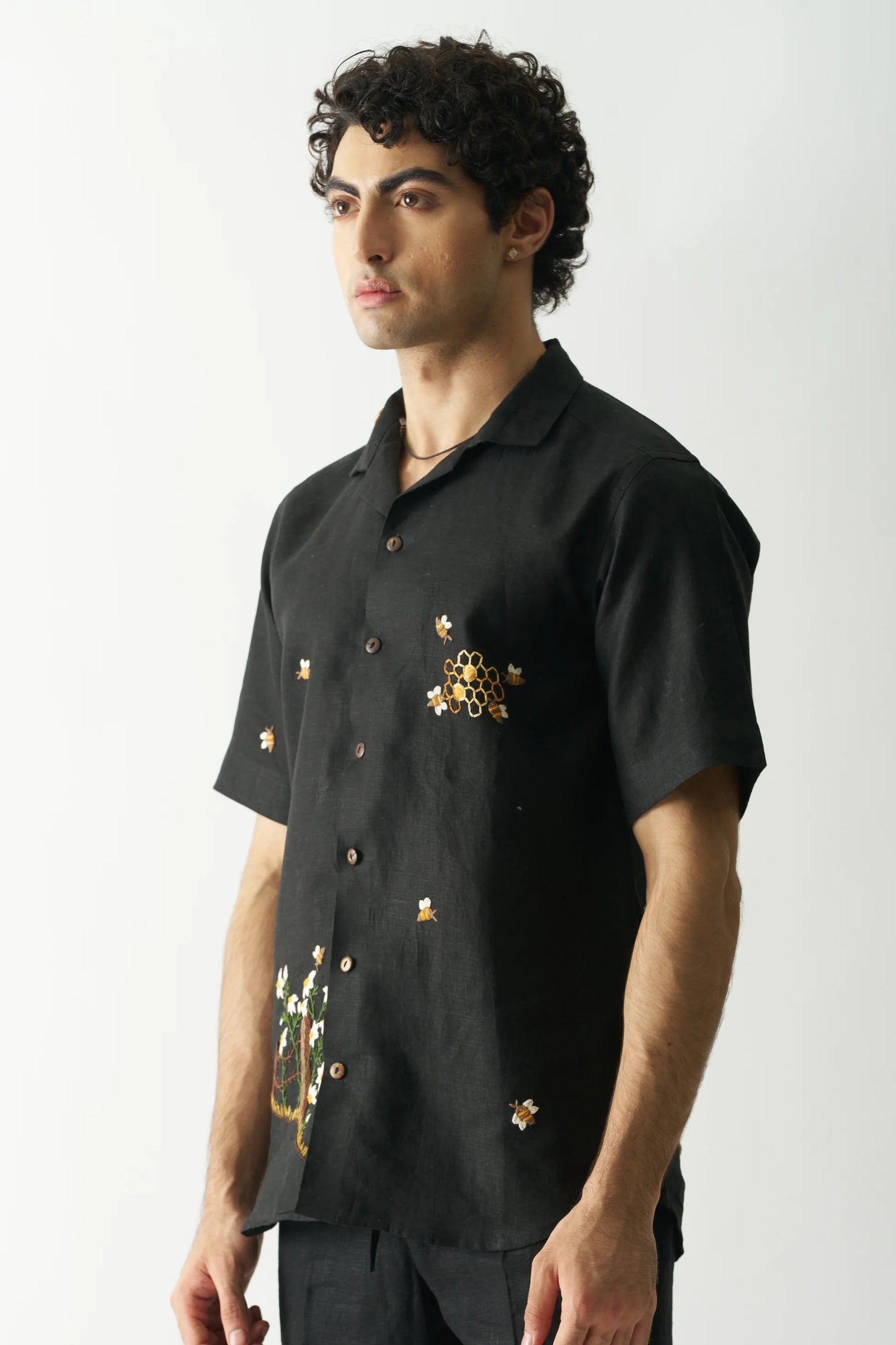 BUZZING BEES - HAND EMBROIDERED UNISEX PURE LINEN SHIRT