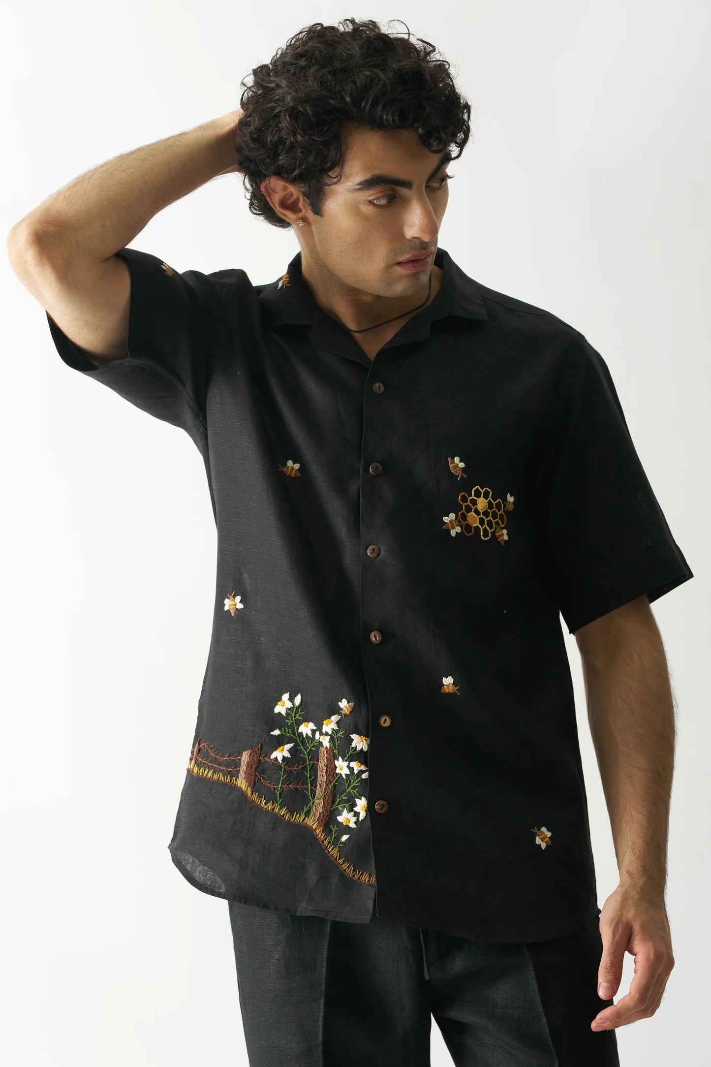 BUZZING BEES - HAND EMBROIDERED UNISEX PURE LINEN SHIRT