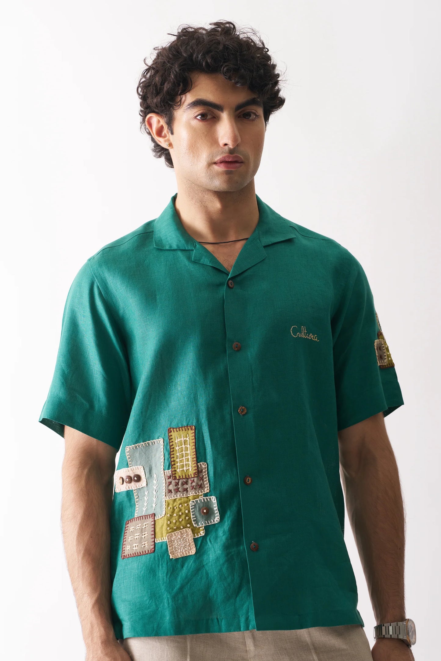 THAT GREEN APPLIQUE SHIRT - HAND EMBROIDERED UNISEX PURE LINEN SHIRT