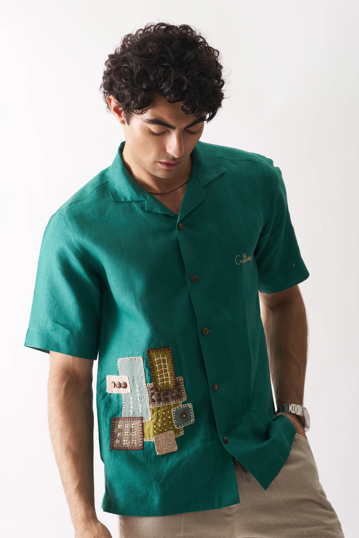 THAT GREEN APPLIQUE SHIRT - HAND EMBROIDERED UNISEX PURE LINEN SHIRT