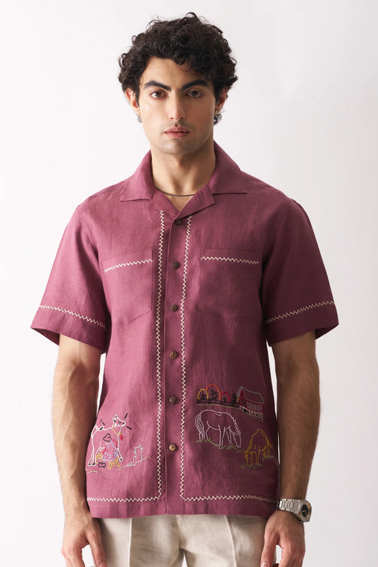 COWBOY'S COURTYARD - HAND EMBROIDERED UNISEX PURE LINEN SHIRT