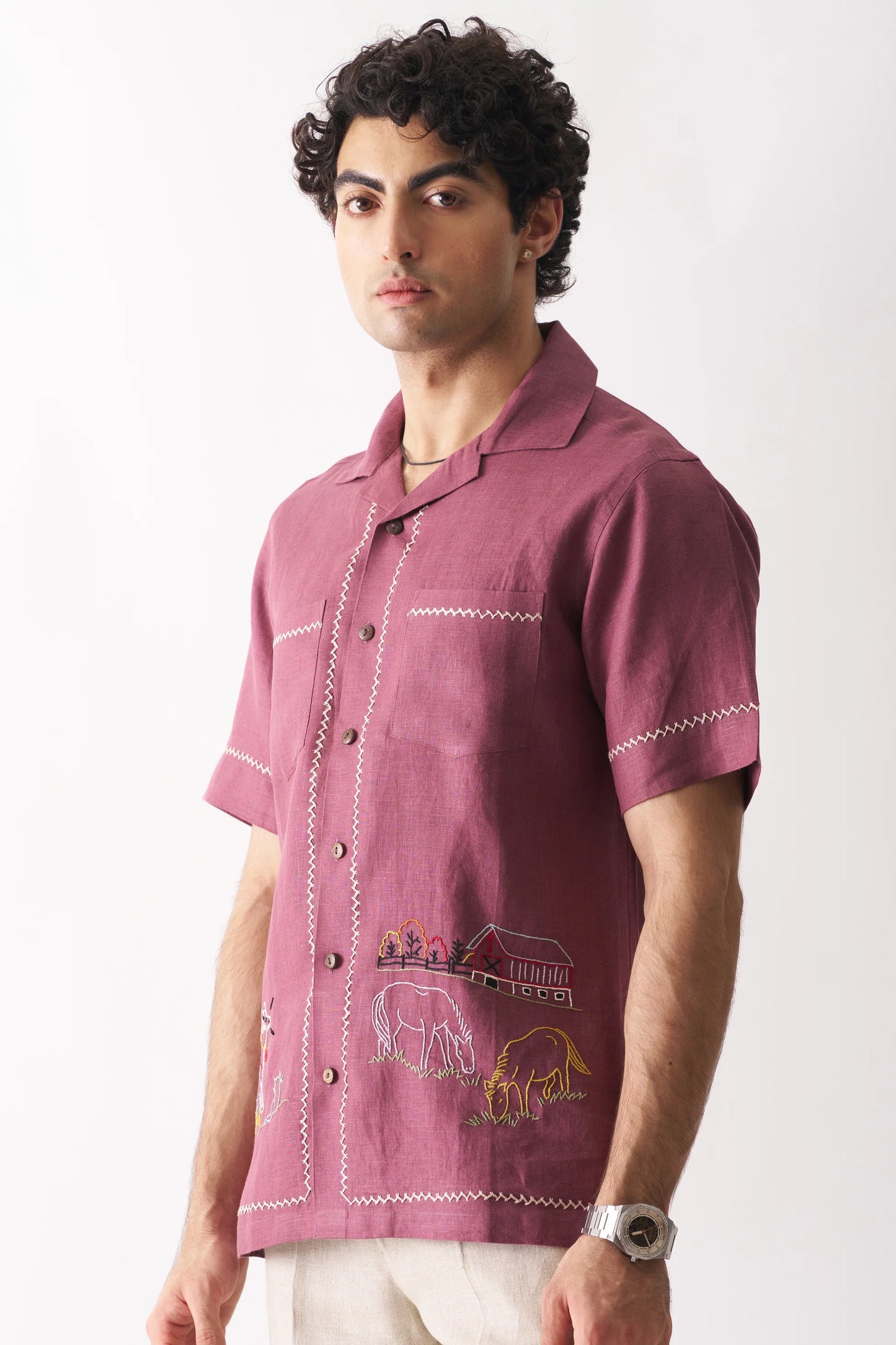 COWBOY'S COURTYARD - HAND EMBROIDERED UNISEX PURE LINEN SHIRT