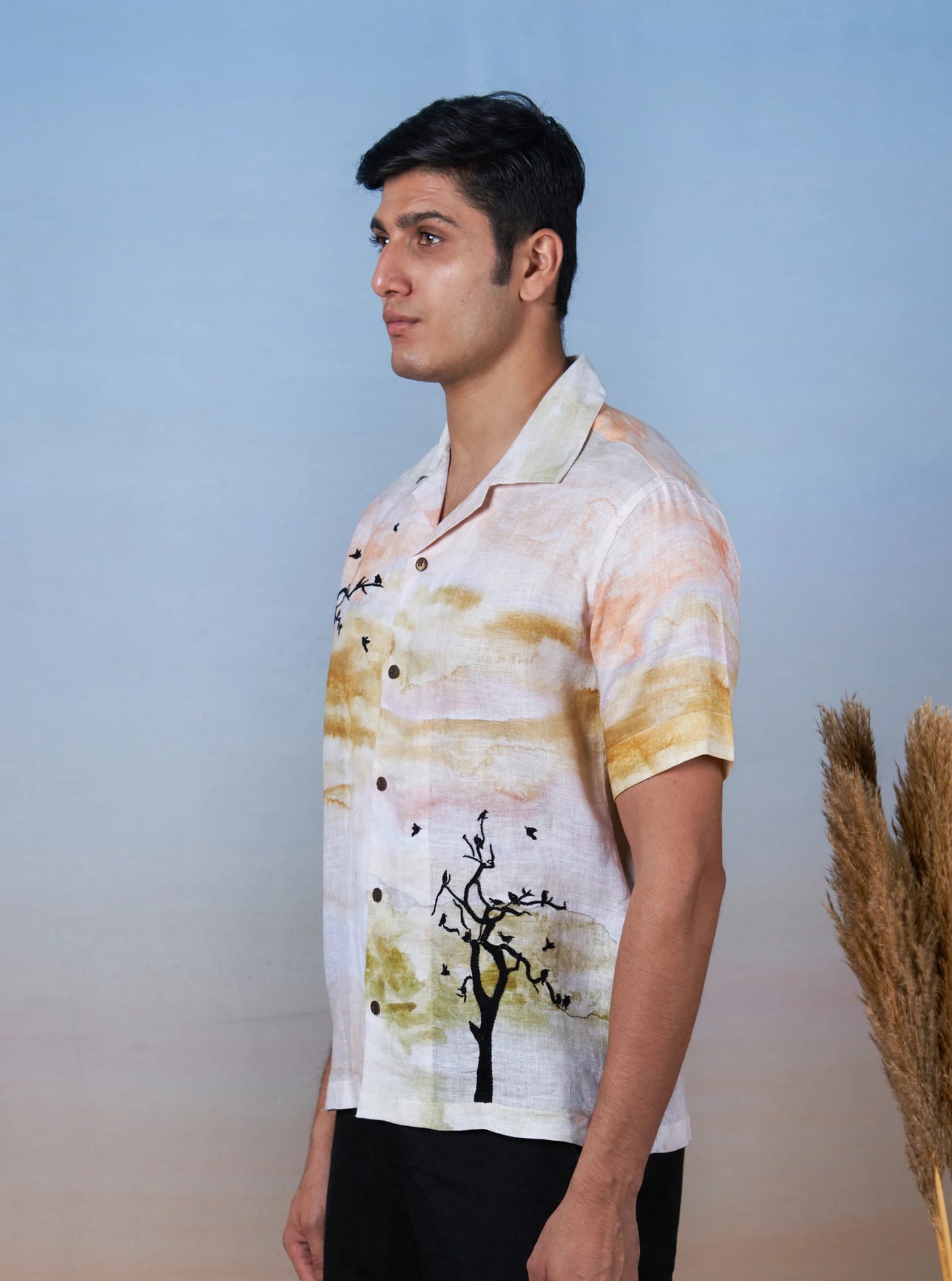 WHISPERING BRANCHES - HAND EMBROIDERED UNISEX PRINTED LINEN SHIRT