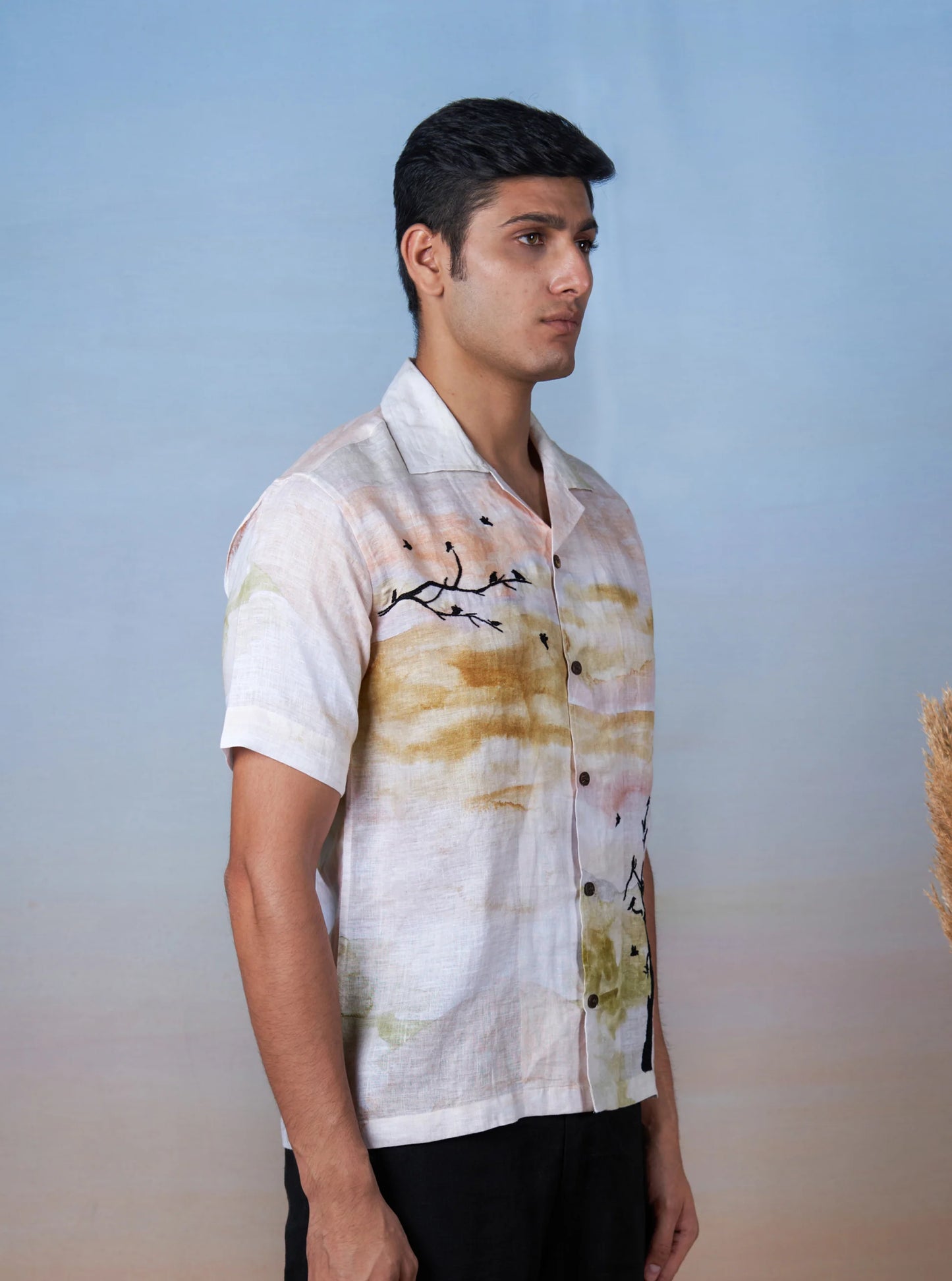 WHISPERING BRANCHES - HAND EMBROIDERED UNISEX PRINTED LINEN SHIRT