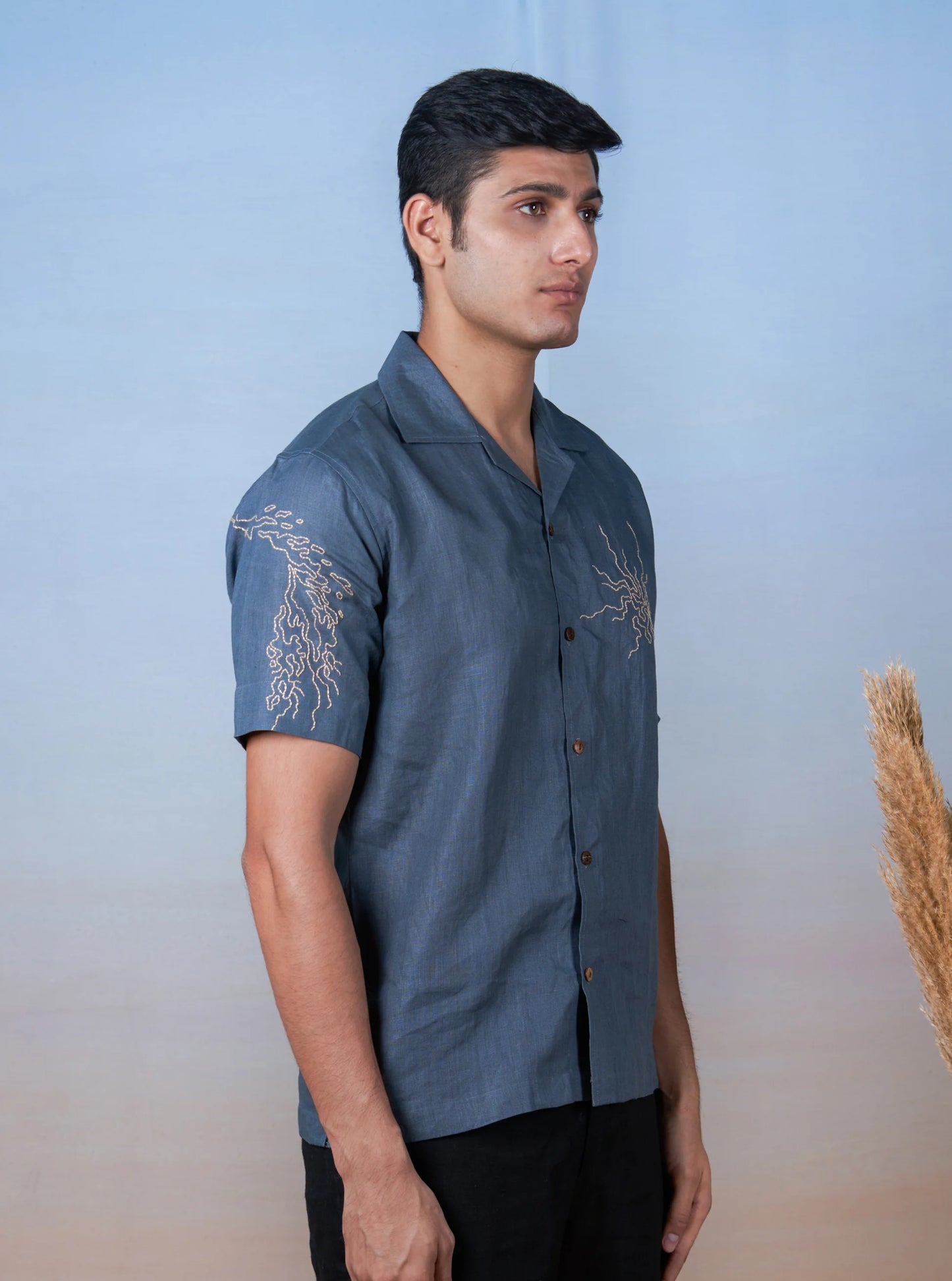 STORMY SKIES - HAND EMBROIDERED UNISEX LINEN SHIRT