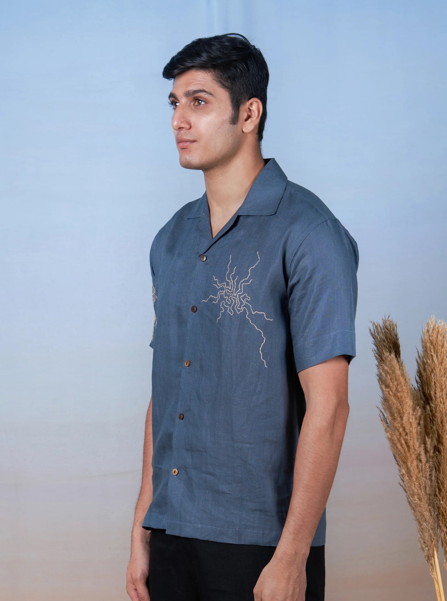 STORMY SKIES - HAND EMBROIDERED UNISEX LINEN SHIRT