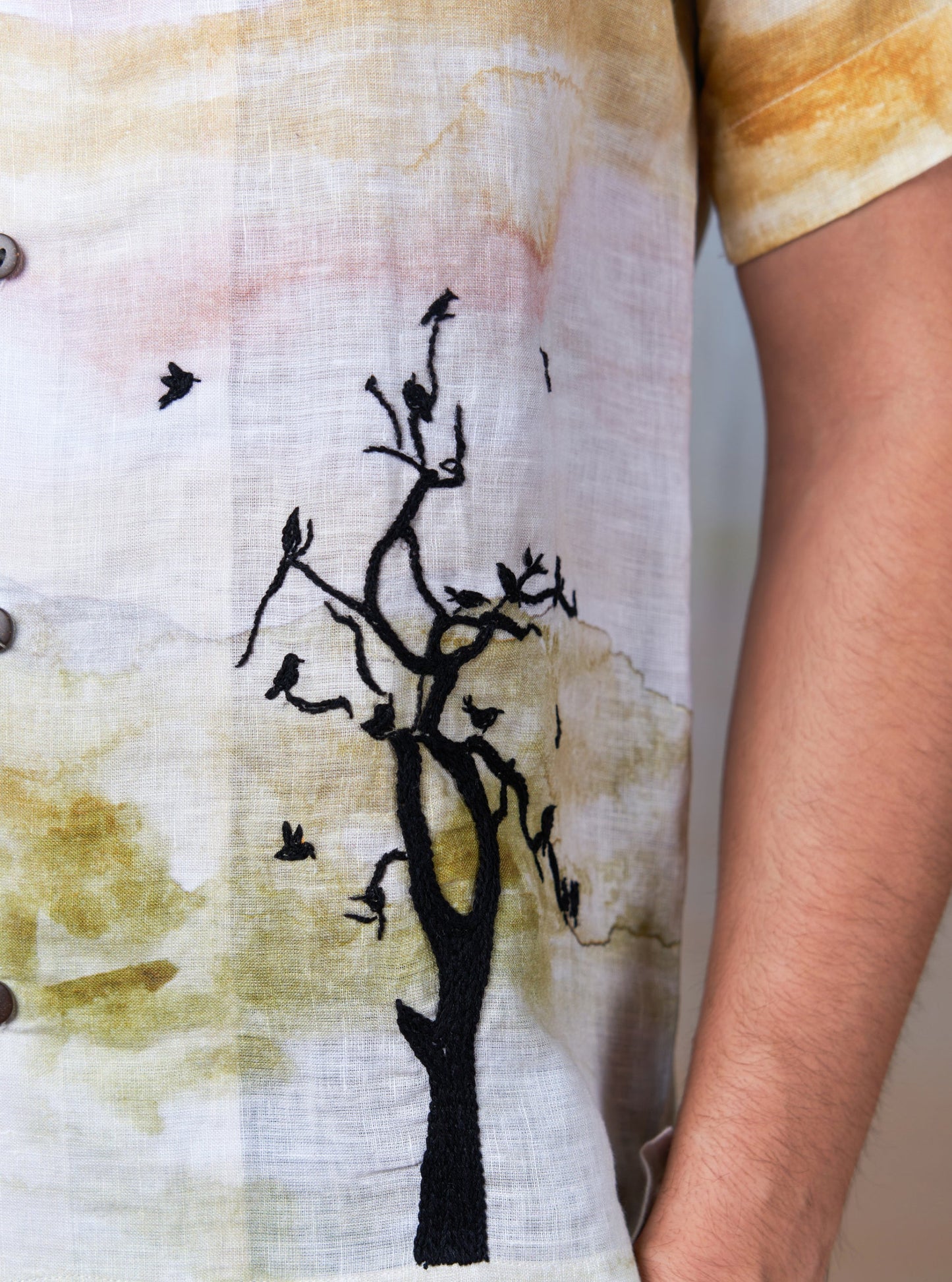 WHISPERING BRANCHES - HAND EMBROIDERED UNISEX PRINTED LINEN SHIRT