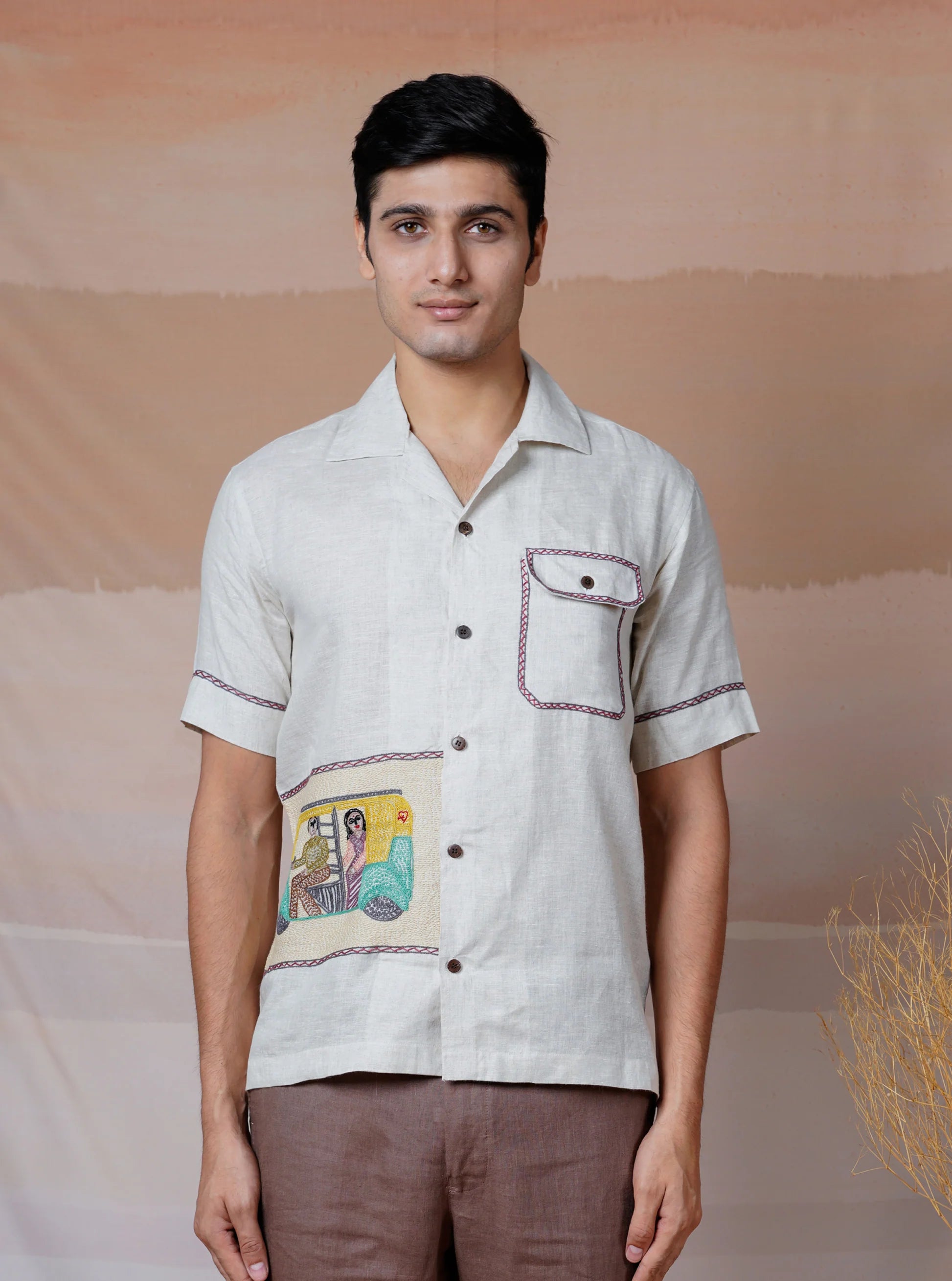 METRO MOMENTS - HAND EMBROIDERED UNISEX LINEN SHIRT