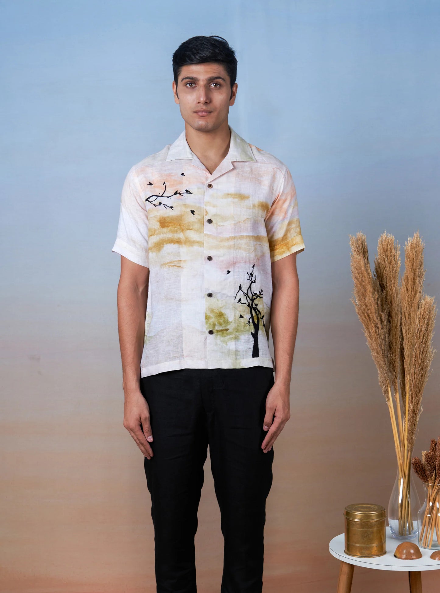 WHISPERING BRANCHES - HAND EMBROIDERED UNISEX PRINTED LINEN SHIRT