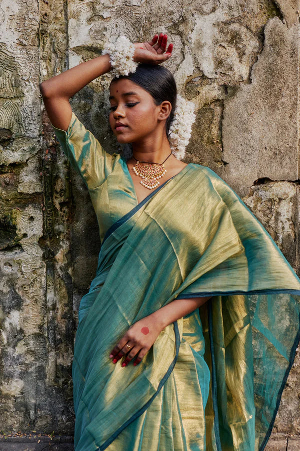 Pataka Seagreen Dual tone tissue saree