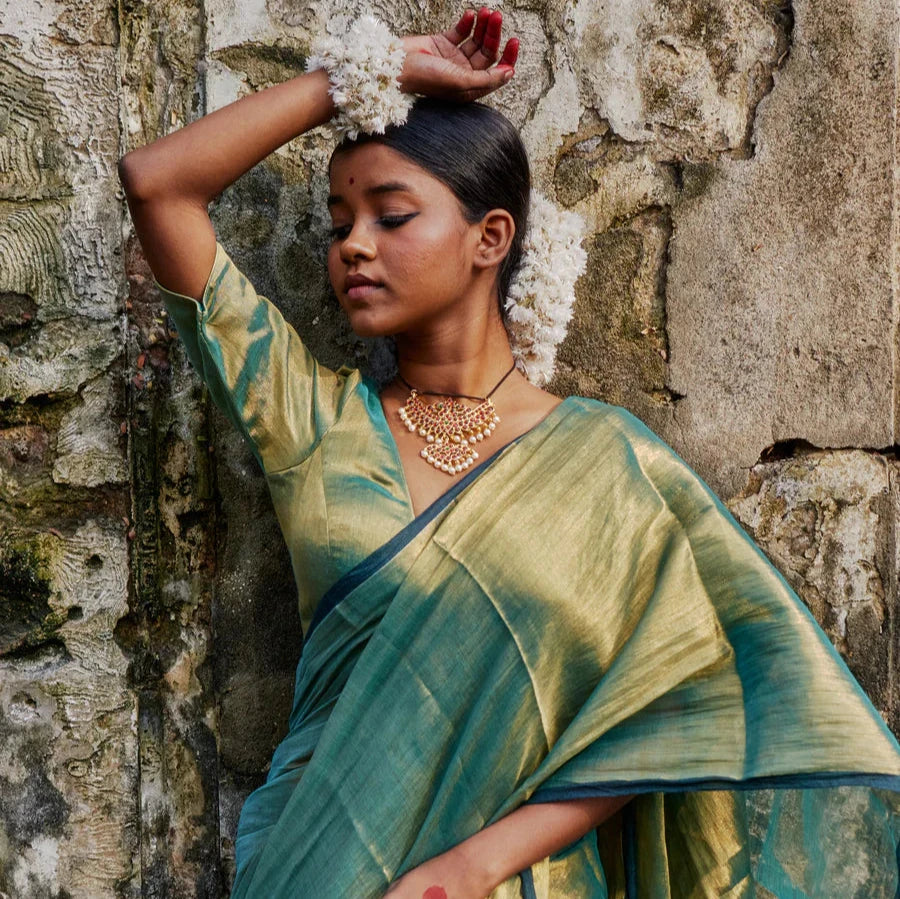 Pataka Seagreen Dual tone tissue saree