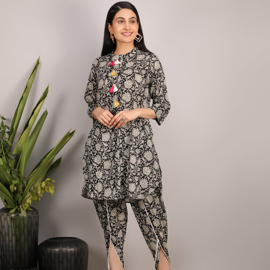 Arohi Black Hand Block Printed Cotton Mulmul Co-ord Set- Set of 2