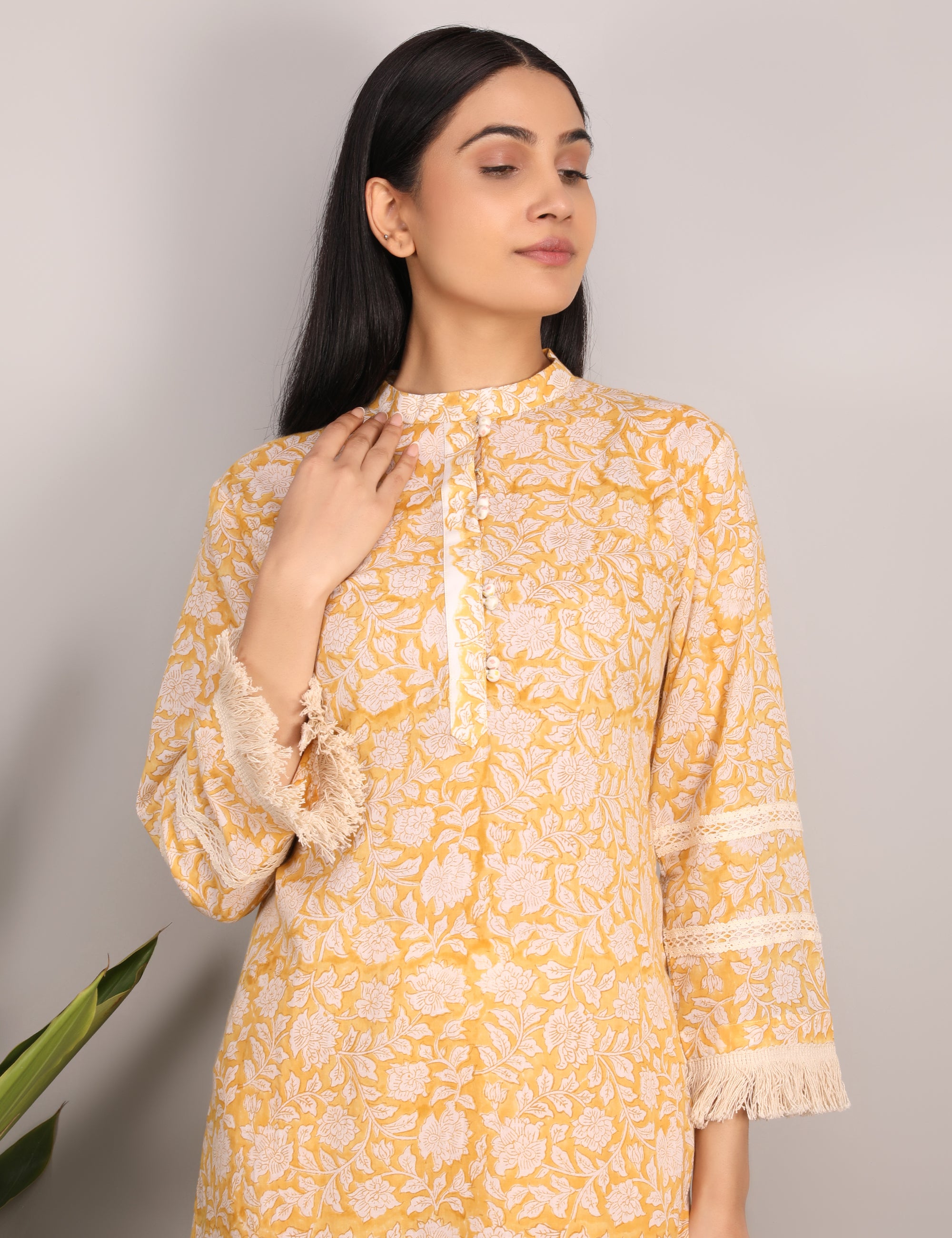 Yellow Hand Block Printed Cotton Mul Co-ord Set - Set of 2