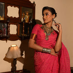 TWIN REALM I PINK HANDLOOM COTTON SAREE WITH ZARI STRIPES AND SCALLOPED BORDER