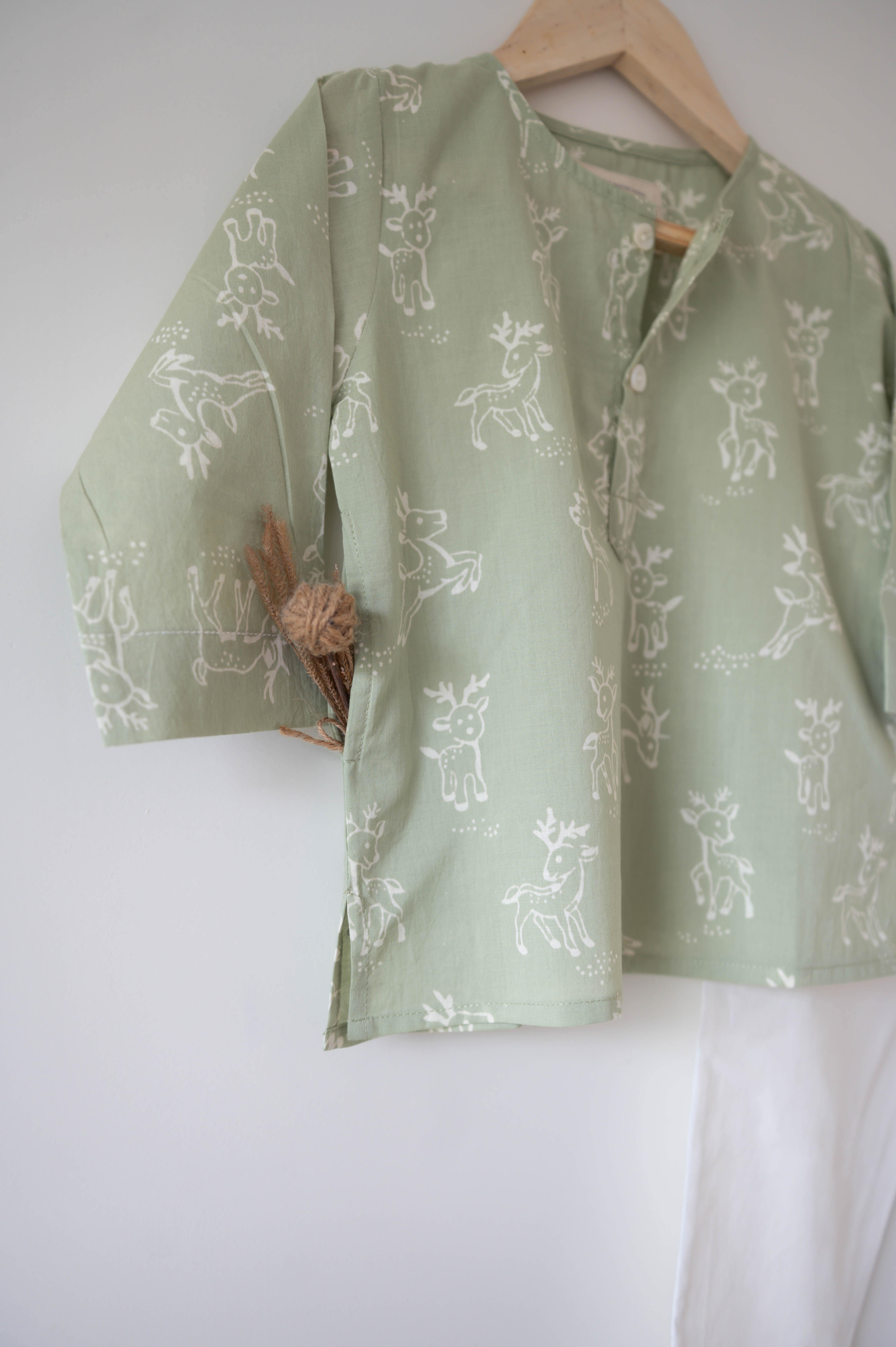 I want to be like grandpa’ kurta pajama set in sage green reindeers hand block print