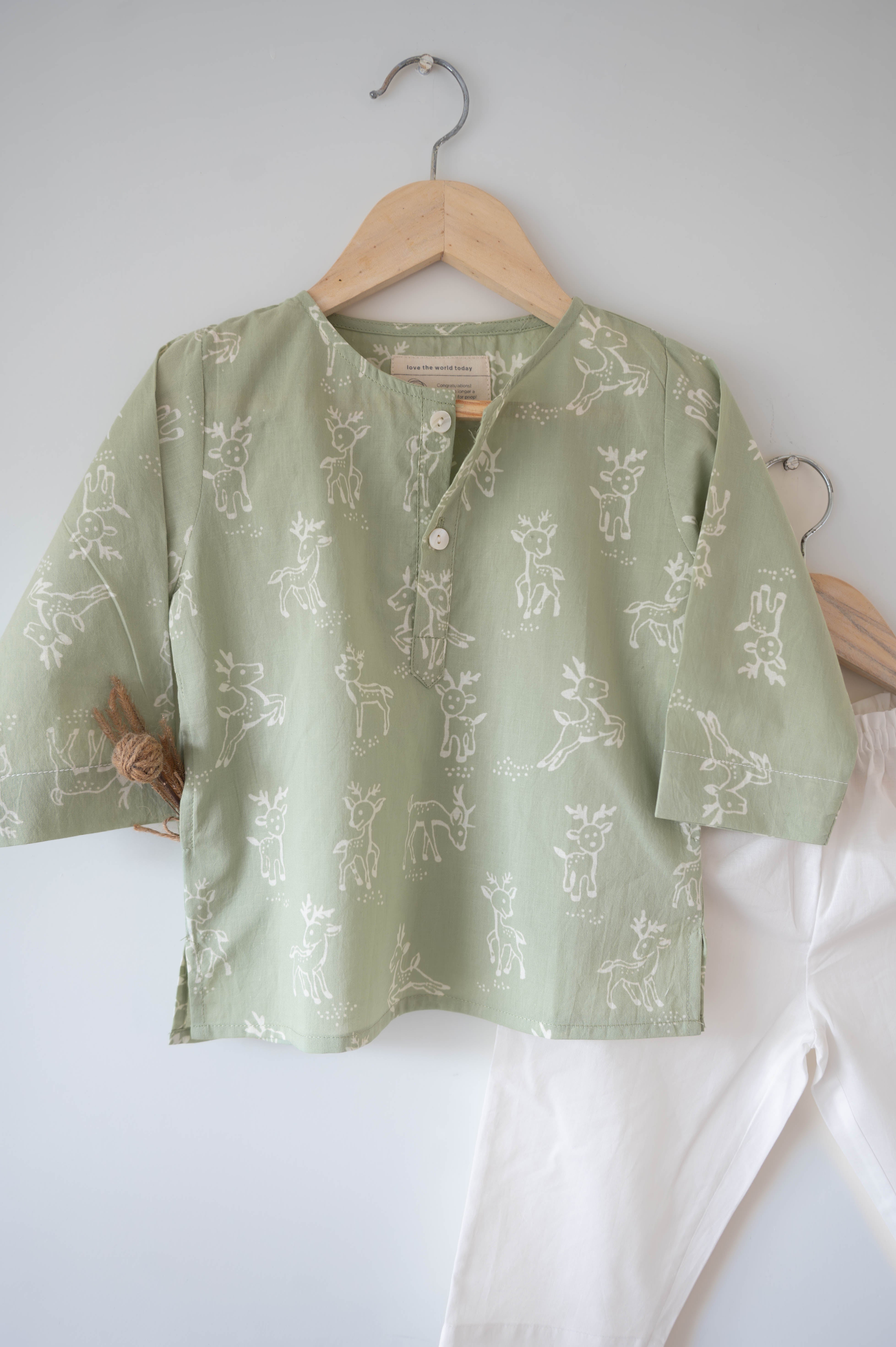 I want to be like grandpa’ kurta pajama set in sage green reindeers hand block print