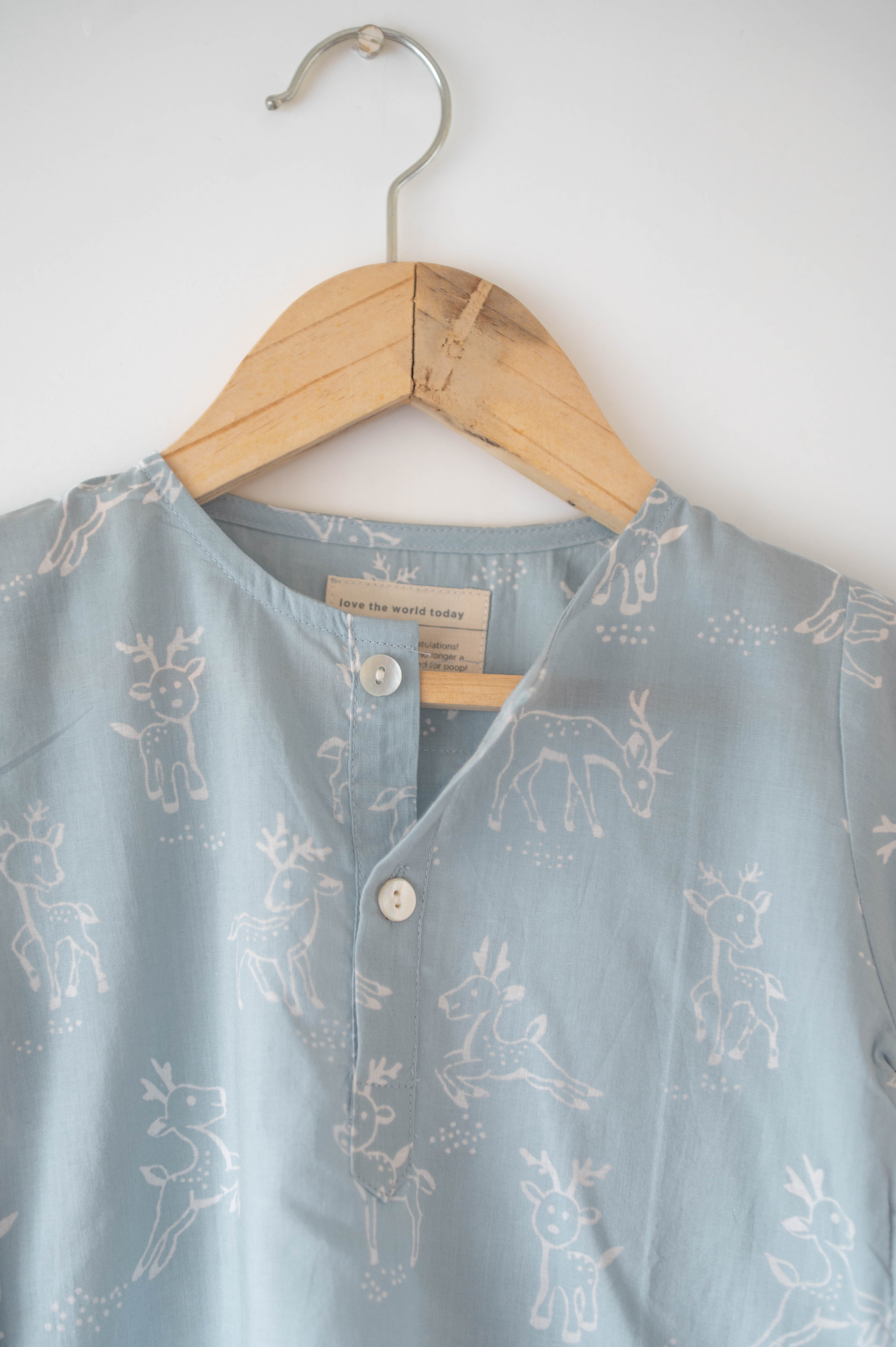 I want to be like grandpa’ kurta pajama set in powder blue reindeers hand block print