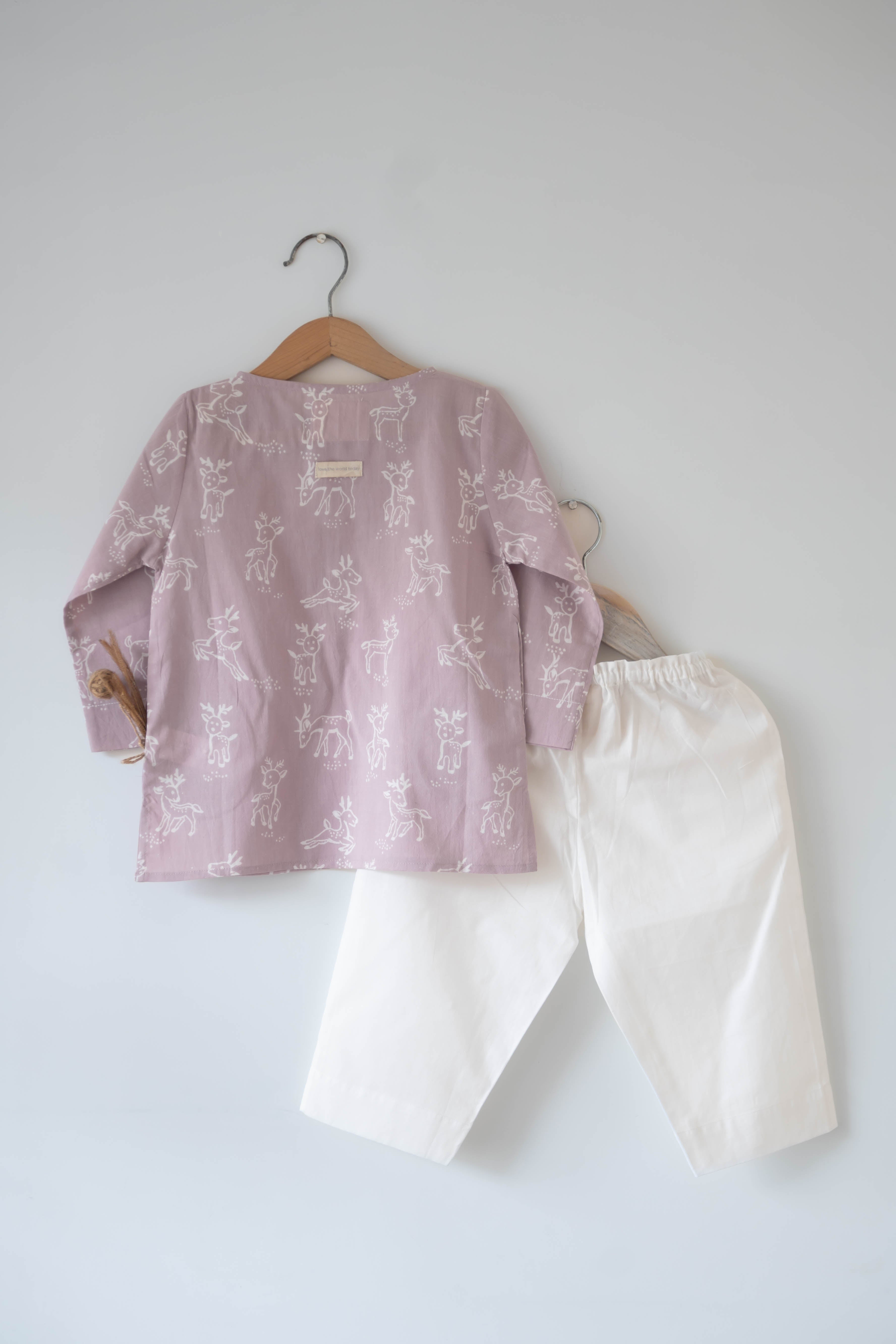 I want to be like grandpa’ kurta pajama set in lilac reindeers hand block print