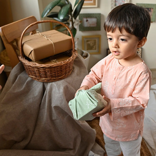 I want to be like grandpa’ kurta pajama set in peachy pink reindeers hand block print