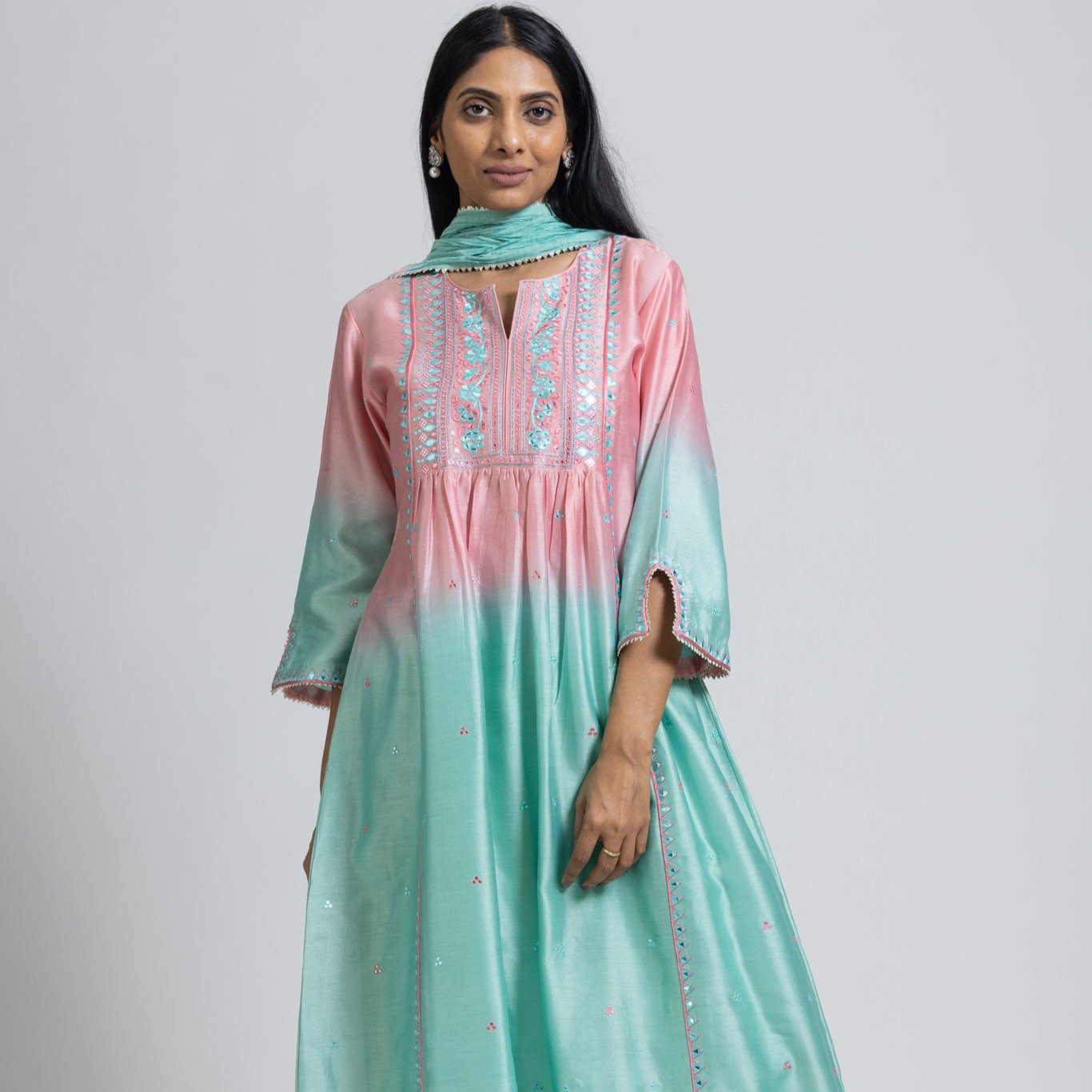 Ombre Pink & Turquoise Embellished Kurta with Pant & Dupatta Set