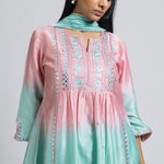 Ombre Pink & Turquoise Embellished Kurta with Pant & Dupatta Set