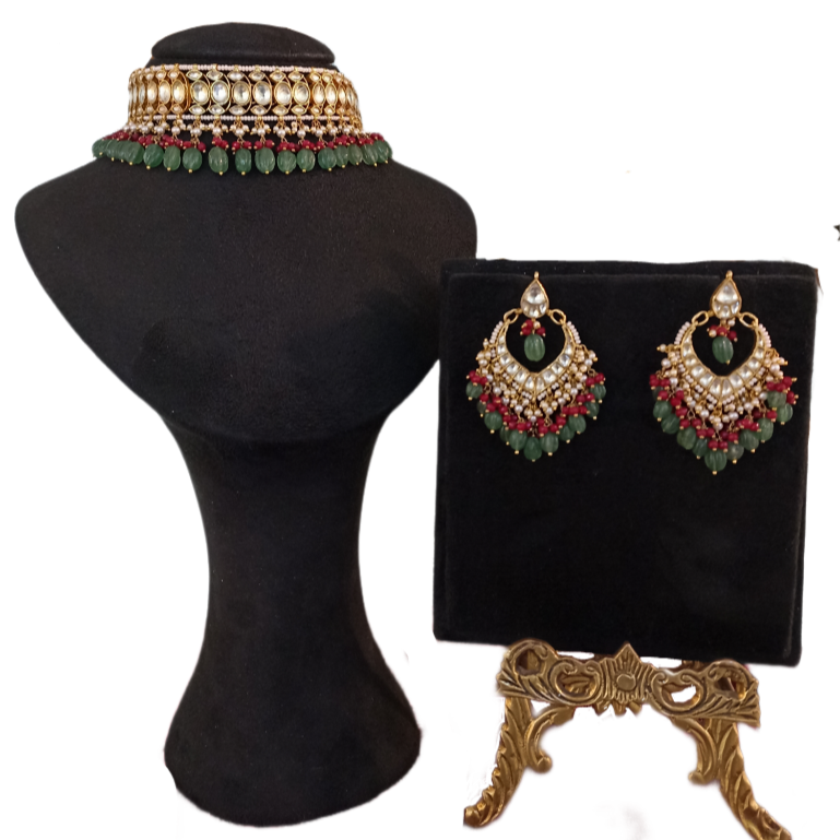 Red & Green Kundan Necklace Set with Emerald