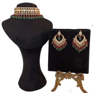 Red & Green Kundan Necklace Set with Emerald