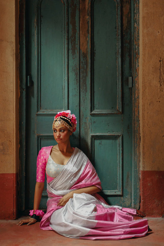 Sugandha I Silver and Pink Handloom Tissue Saree