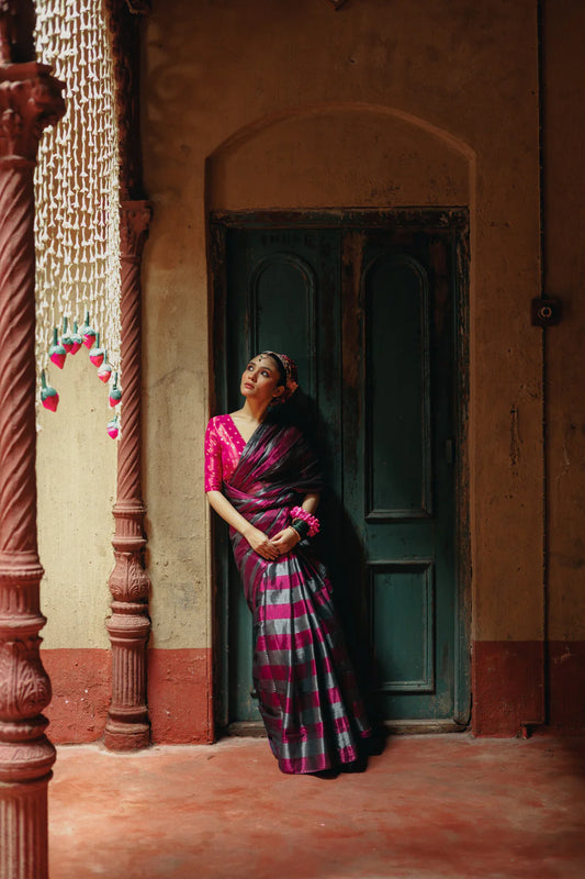 Abhilasha I Silver and Purple Striped Handloom Tissue Saree