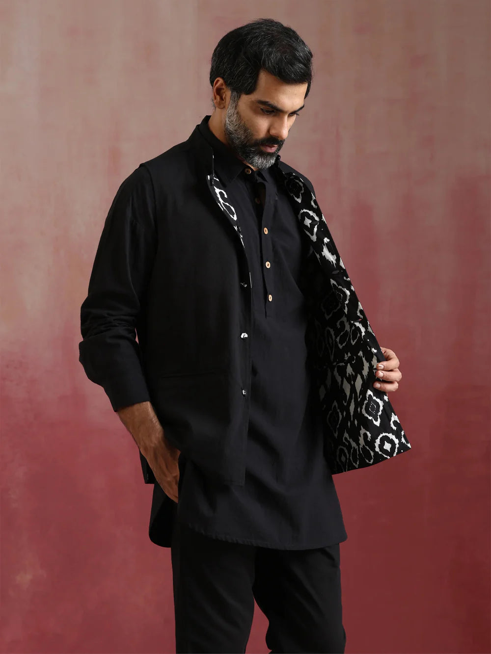 Men's Black Ikat Reversible Nehru Jacket